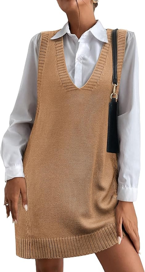 HOTOUCH Women Sweater Vest Oversized V Neck Sleeveless Knit Pullover Ribbed Vest Dress with Pocke... | Amazon (US)