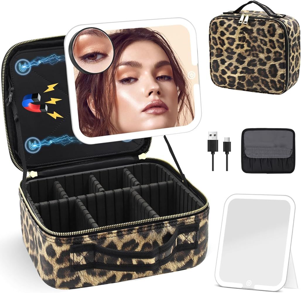 Travel Makeup Bag Cosmetic Organizer Bag with Large Magnetic Removable Lighted Mirror, Makeup Cas... | Amazon (US)