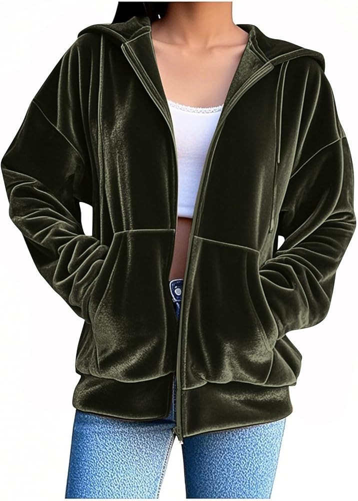 Womens Velvet Zip Up Hoodie Long Sleeve Oversized Hooded Sweatshirt Fall Velour Y2K Jacket with P... | Amazon (US)
