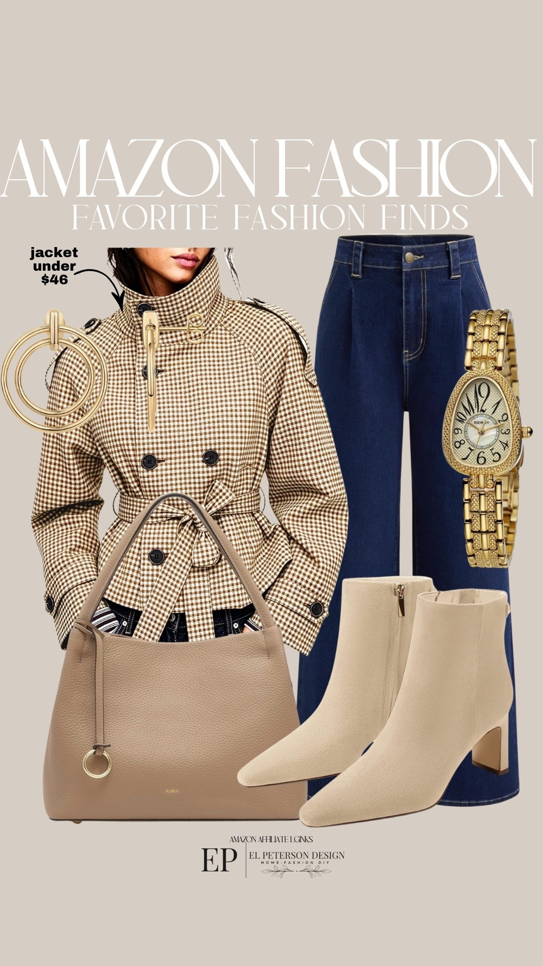 Amazon
Jacket
Jeans
Chelsea boots
Purse
Earrings 
Watch