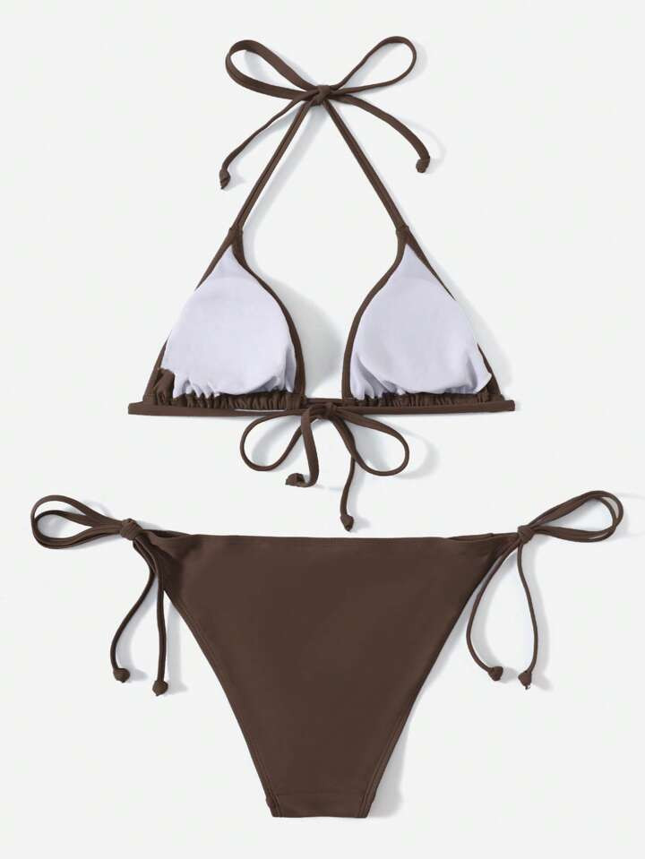 SHEIN Swim Summer Beach Solid Triangle Bra & Tie Side Swim Bottom Bikini Set Bathing Suit | SHEIN