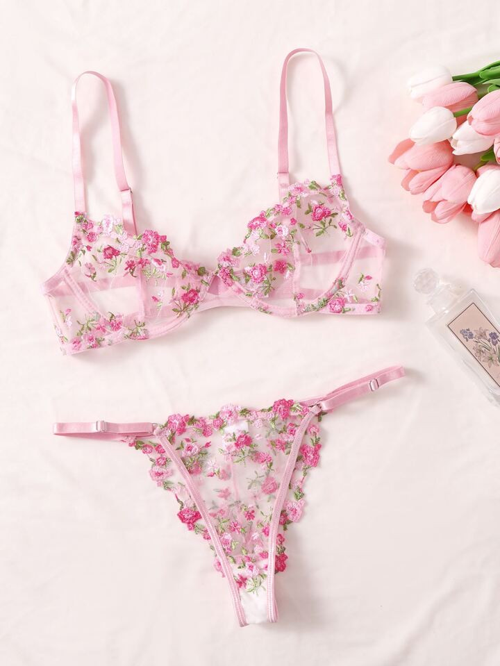 Embroidery Sheer Mesh Underwire Lingerie Set | SHEIN