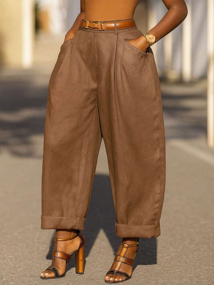 Women's Vintage Casual Solid Color Pleated Tapered Pants, Spring/Summer | SHEIN