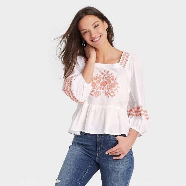 Women&#39;s Balloon 3/4 Sleeve Embroidered Peplum Blouse - Universal Thread&#8482; White Floral M | Target