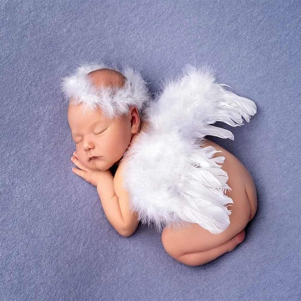 Newborn Baby Angel Feather Wing with Chiffon Flower Rhinestone Halo Headband Set Photo Props Outf... | Amazon (US)