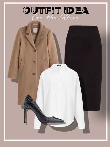 Outfit idea for the office ON SALE white blouse Oxford tan coat black pumps black skirt 00p or 00 Xs and xxsp coat 

#LTKsalealert #LTKunder100 #LTKworkwear