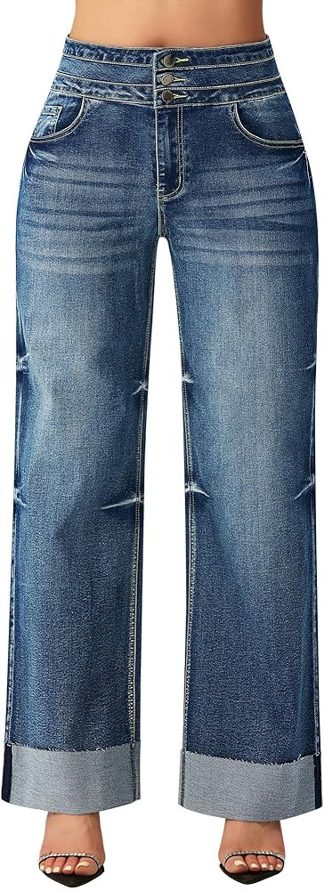 roswear Women's High Waisted Stretchy Wide Leg Jeans Cuffed Baggy Jeans Loose Denim Pants | Amazon (US)