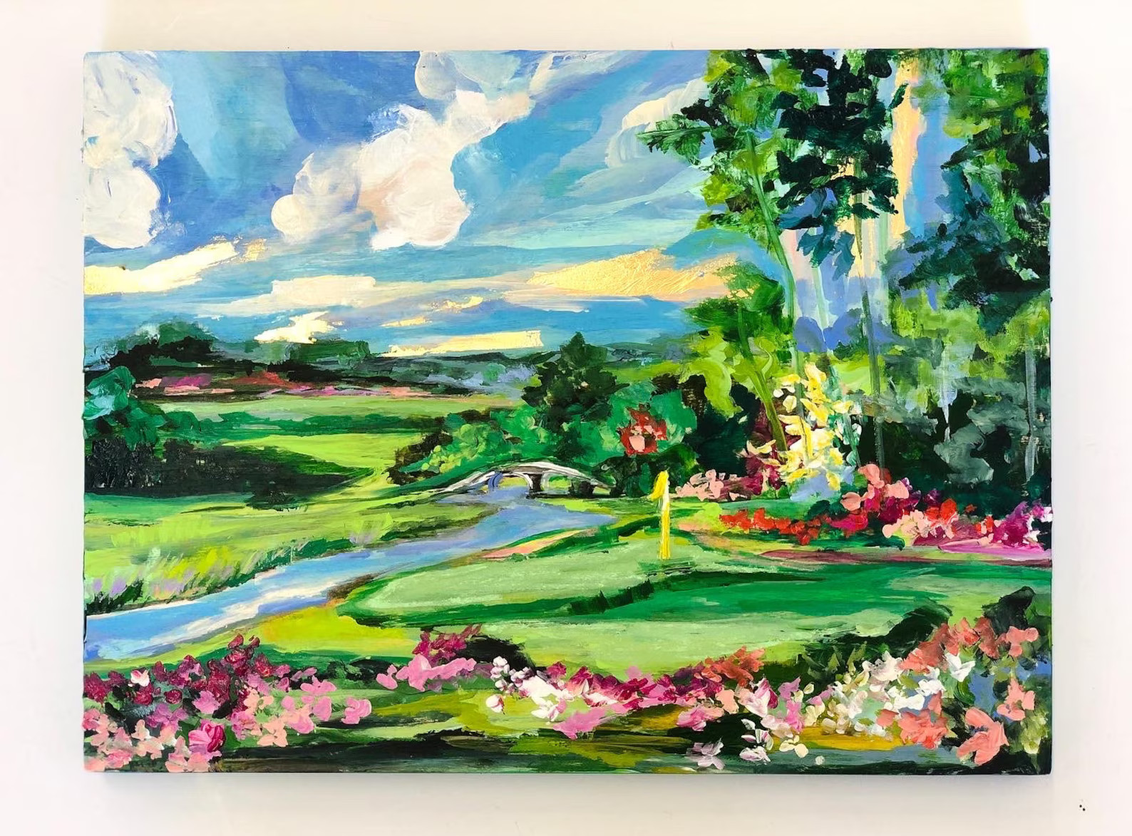 Azaleas on Augusta 3 Embellished Art Print, Gold Leaf, Masters, Masters Art, Mixed Media Art, Gol... | Etsy (US)