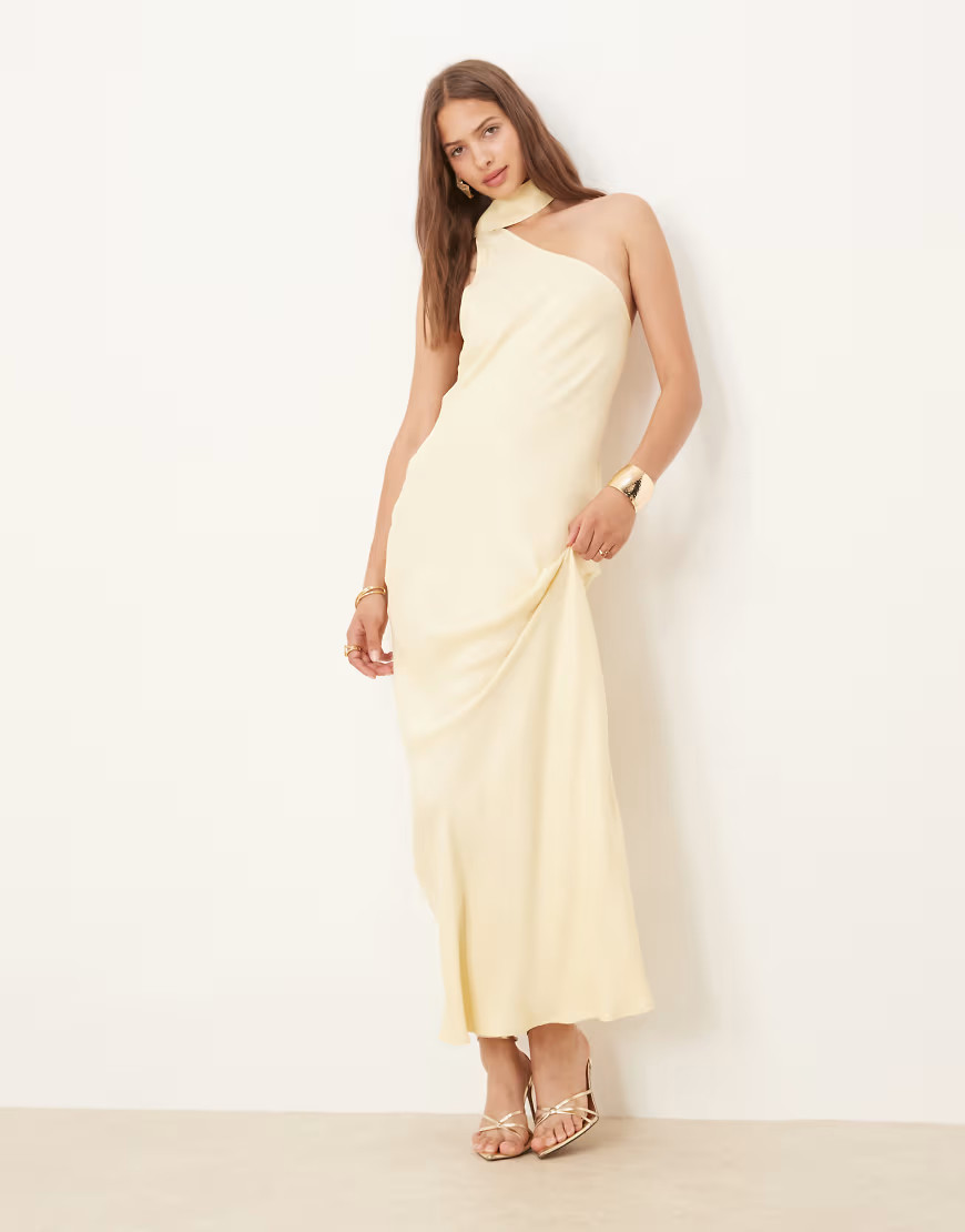 ASOS DESIGN satin one shoulder maxi dress in buttermilk-Yellow | ASOS (Global)