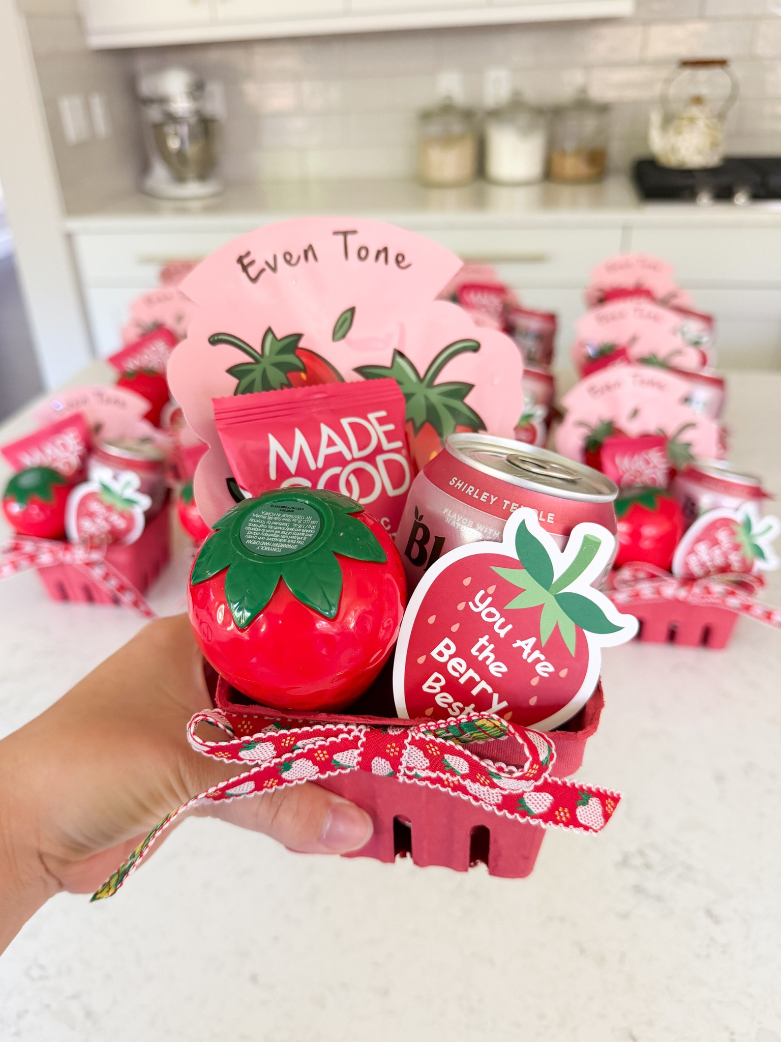 Strawberry berry basket end of the year teachers gift! 

Strawberry themed gift baskets, granola bites, Bloom soda, hand cream, sheet mask

#LTKmaternity #LTKhome #LTKgiftguide