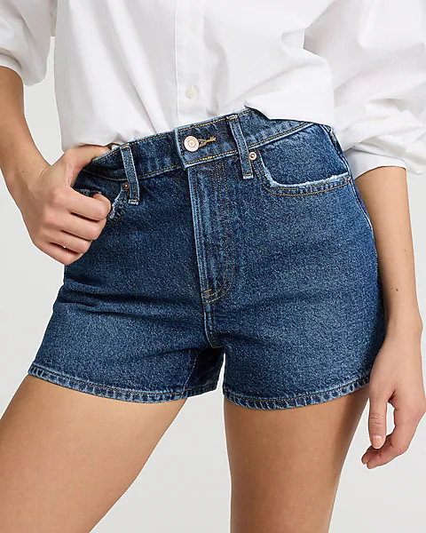 High Waisted Dark Wash 3" Inseam Mom Jean Shorts | Express