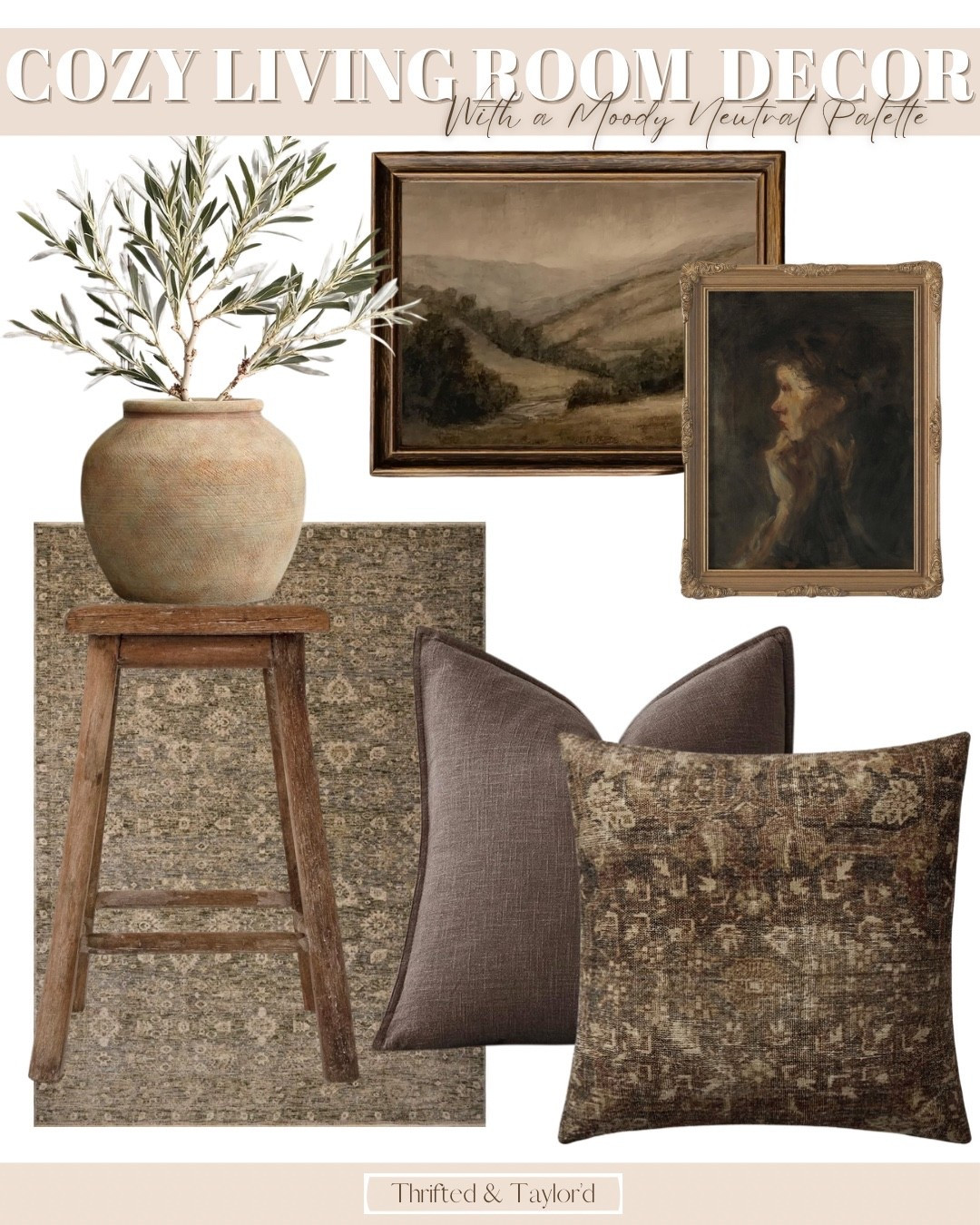 This moody neutral mix has been one of those combinations I keep coming back to lately. There’s something about deeper neutrals, warm wood tones, and vintage inspired artwork that makes a space feel instantly layered and collected.

If you love a living room that feels cozy but still a little elevated, this palette is such a beautiful way to do it. The earthy rug, rich brown pillows, and antique style art bring in depth while the olive branches and warm wood stool keep the whole look feeling relaxed and natural.

These are the kinds of pieces that make a room feel like it came together over time instead of all at once. I rounded up everything here if you’ve been wanting to add a little more warmth and moodiness to your living room. 

#LTKHome