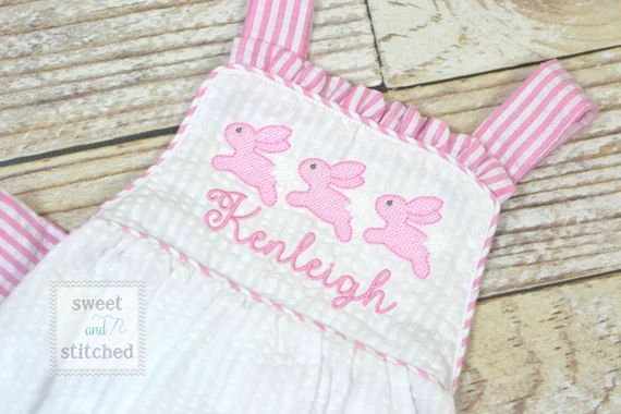 Monogrammed baby girl seersucker Easter romper with bunnies, girls cross backed bubble, easter ou... | Etsy (US)