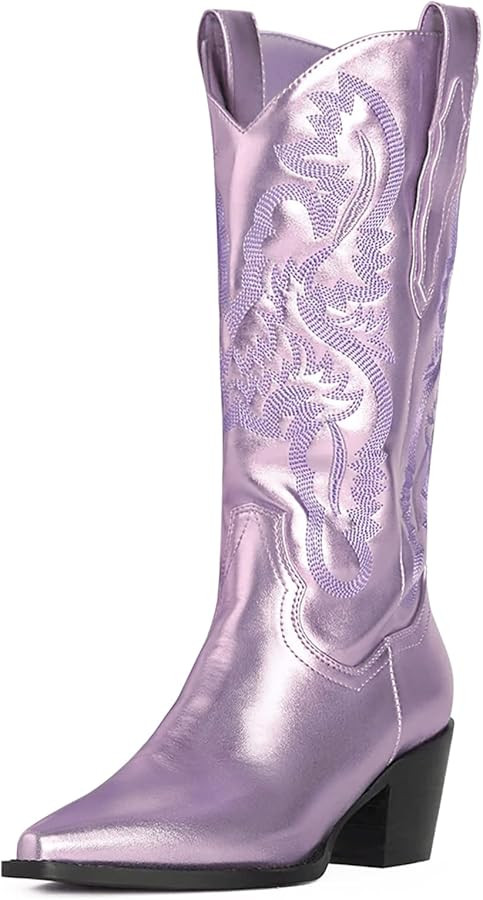 Women's Cowgirl Embroidered Mid-Calf Western Boots, Pointed Toe Medium Block Chunky Heel 6cm Stit... | Amazon (US)