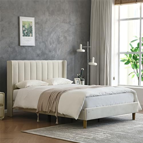 YUHUASHI upholstered Platform Bed Frame/Twin Bed Frame/Modern Geometric Double-Wing Design headboard/Flannel and Linen Fabric/Easy to Assemble no Noise (Cream, Full) | Amazon (US)