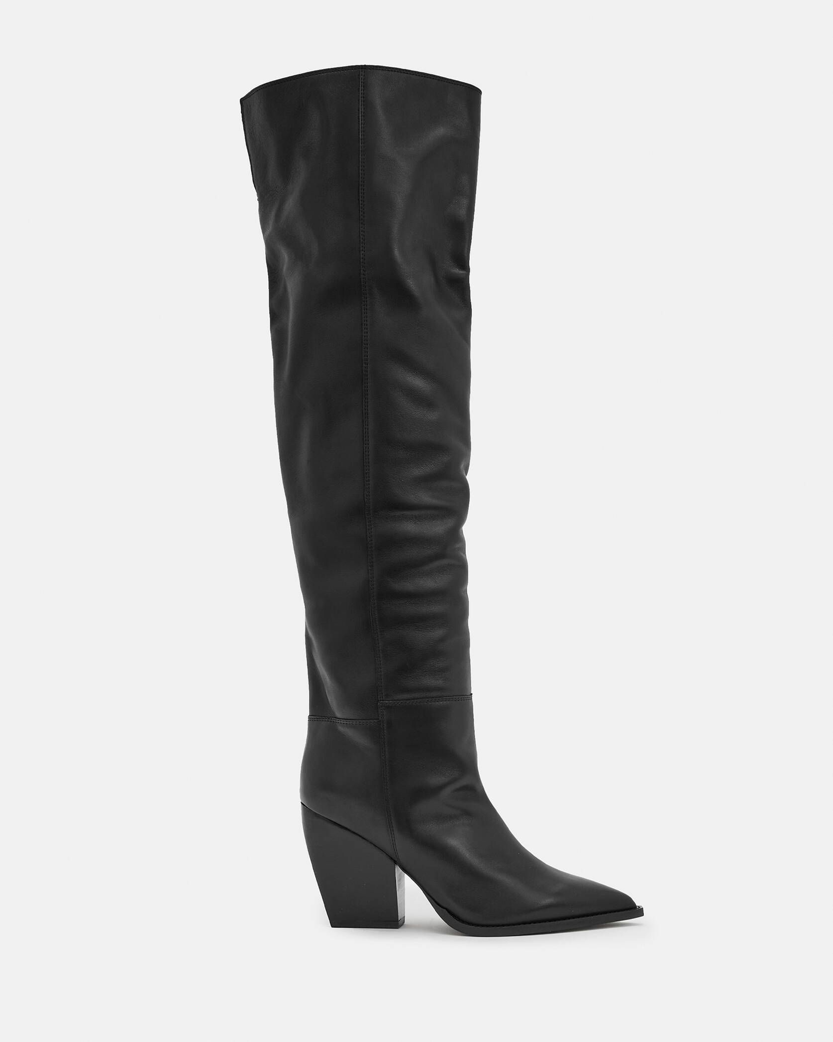 Reina Over Knee Leather Heeled Boots Black | ALLSAINTS | AllSaints UK