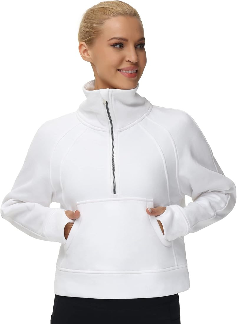 Women's Half Zip Pullover Sweatshirt Fleece Stand Collar Crop Sweatshirt with Pockets Thumb Hole | Amazon (US)