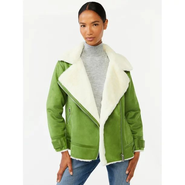 Scoop Women's Faux Suede Faux Fur Lined Oversized Moto Jacket - Walmart.com | Walmart (US)