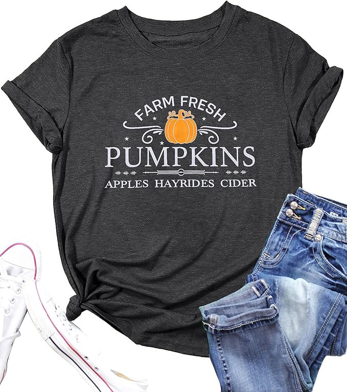 Pumpkin Shirt Women Farm Fresh Shirt Pumpkins Graphic Tees Causal Letter Printed T-Shirt Hallowee... | Amazon (US)