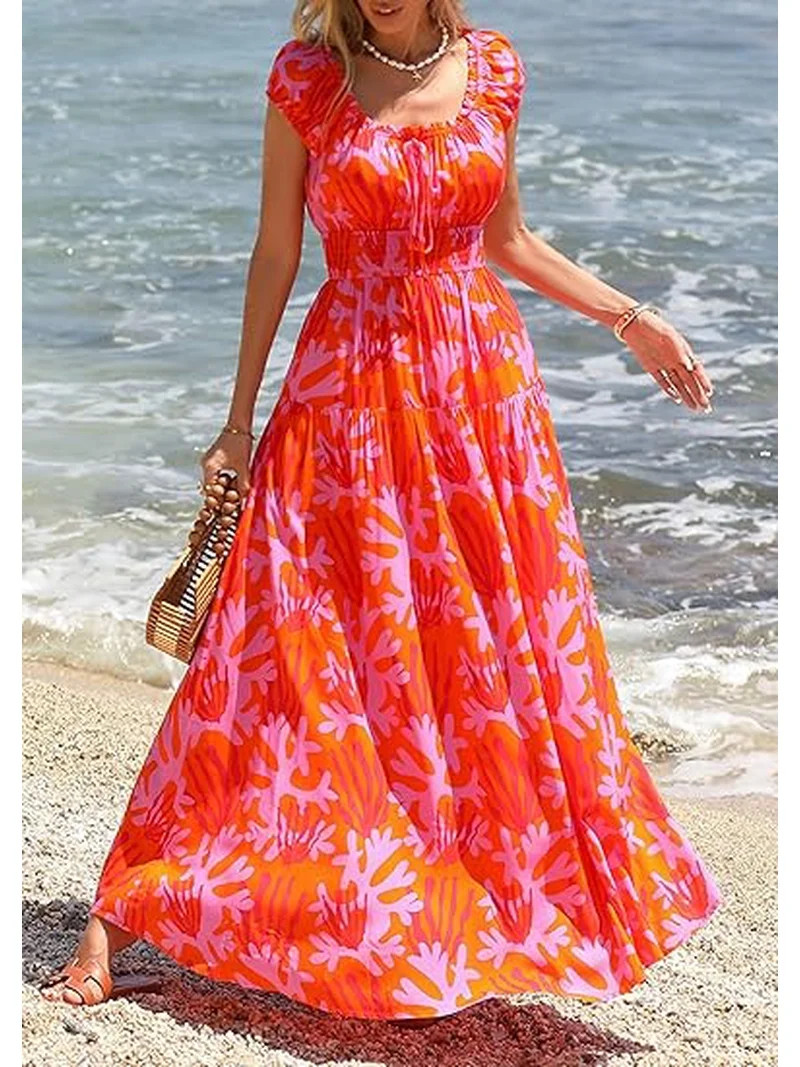 PRETTYGARDEN Women's Boho Maxi Dress Summer Cap Sleeve Long Flowy Beach Vacation Floral Sundresse... | Walmart (US)