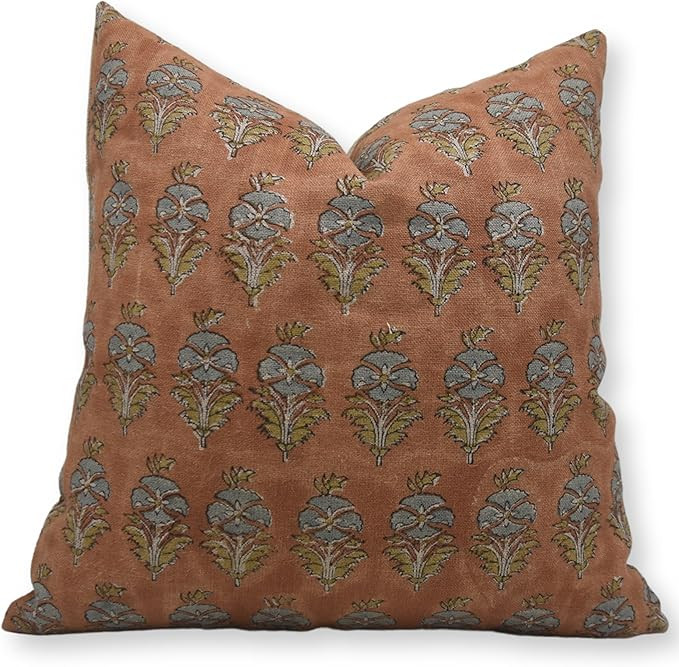 14x14 Pillow Cover Hand Block Print – Handmade Cotton Thick Linen Boho Cushion Case Floral Deco... | Amazon (US)
