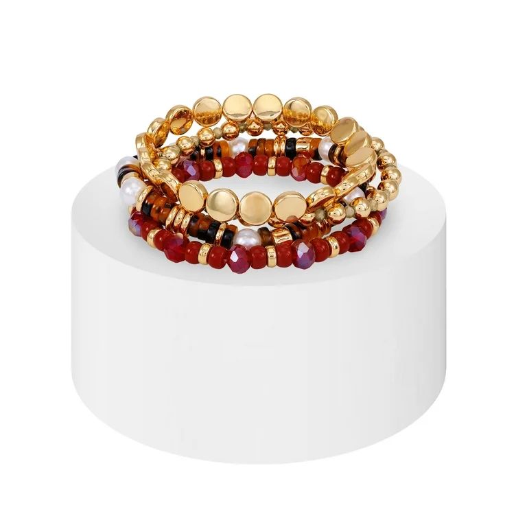 Time and Tru Women's 4PC 7.5" Gold Tone Beaded Bracelet Set with Tonal Brown Beads | Walmart (US)