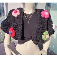 Women's Short Sleeved Crop Cardigan Sweater, Cute Summer Top Daisy Cardigan, Sleeve Chunky Black Cro | Etsy (CAD)