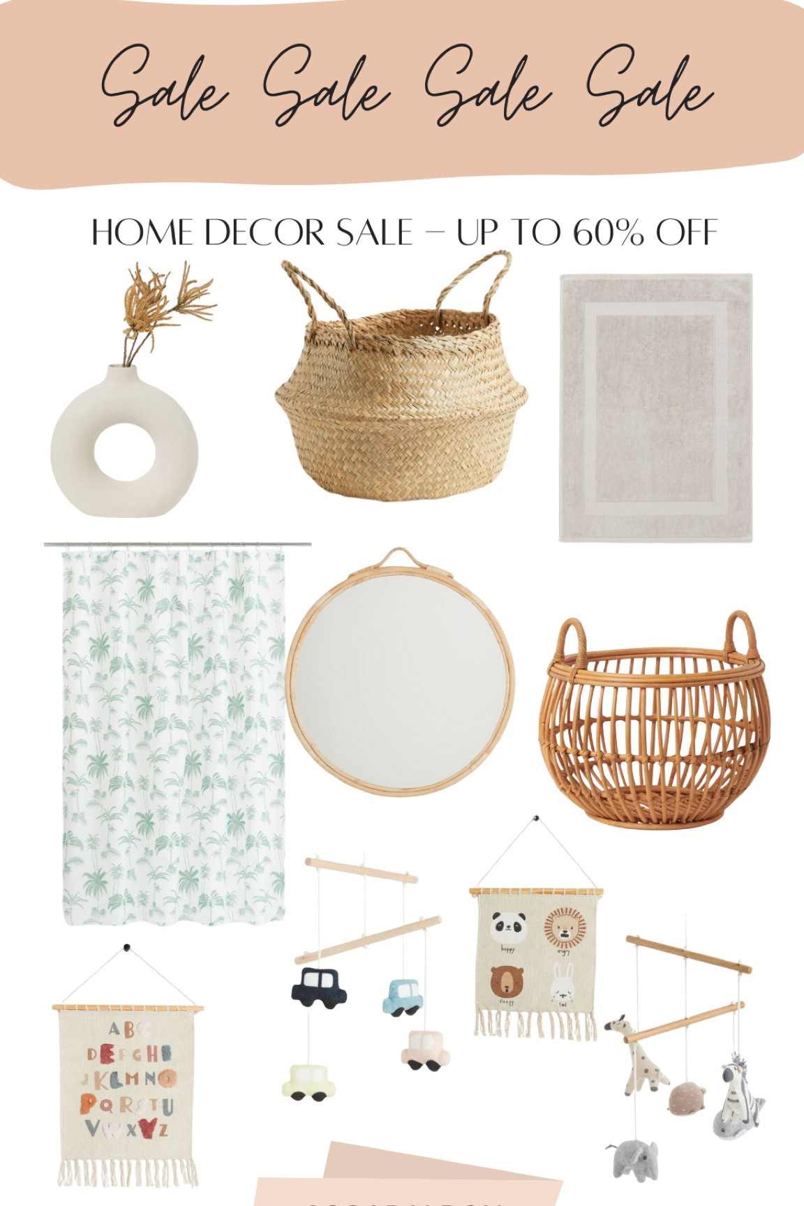 Home decor sale -  up to 60% off. H&M sale. Basket, large vase, rug, shower curtain, rattan mirror, car mobile, animal mobile, baby room decor.

#LTKSummerSales #LTKFamily #LTKHome