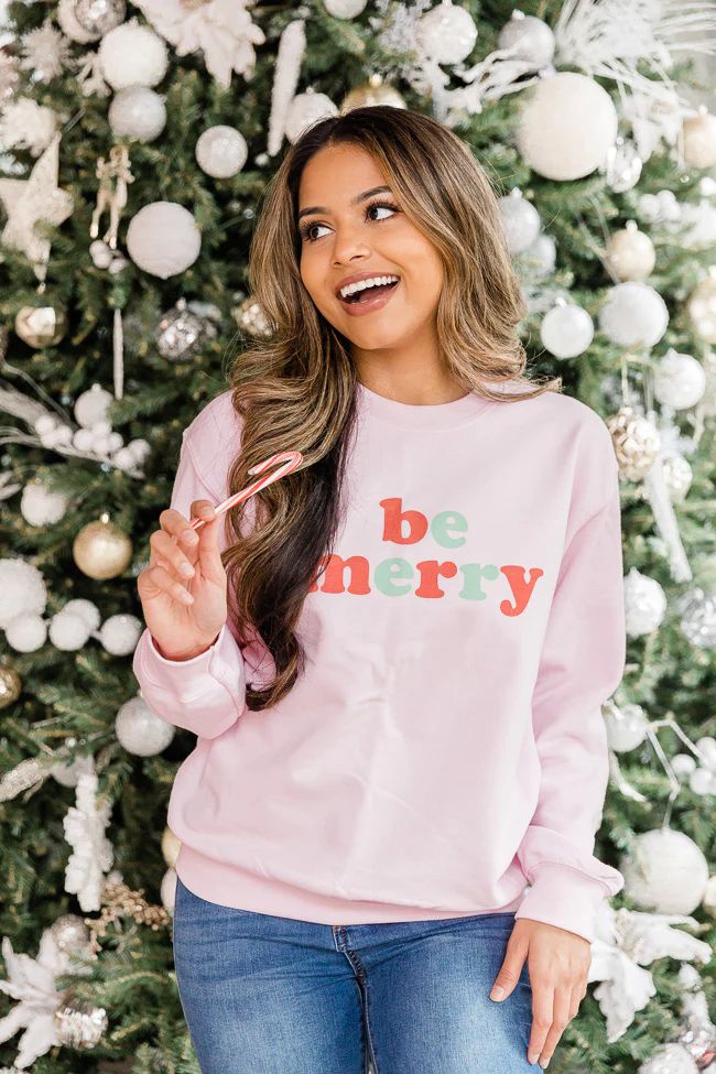 Be Merry Multi Graphic Pink Sweatshirt | The Pink Lily Boutique