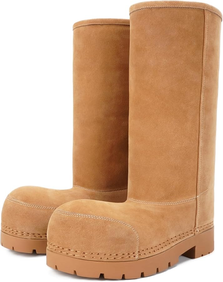 Faux Suede Platform Fuzzy Snow Boots Round Toe Hippy Winter Boots Slip On Knee High Chunky Heel F... | Amazon (US)