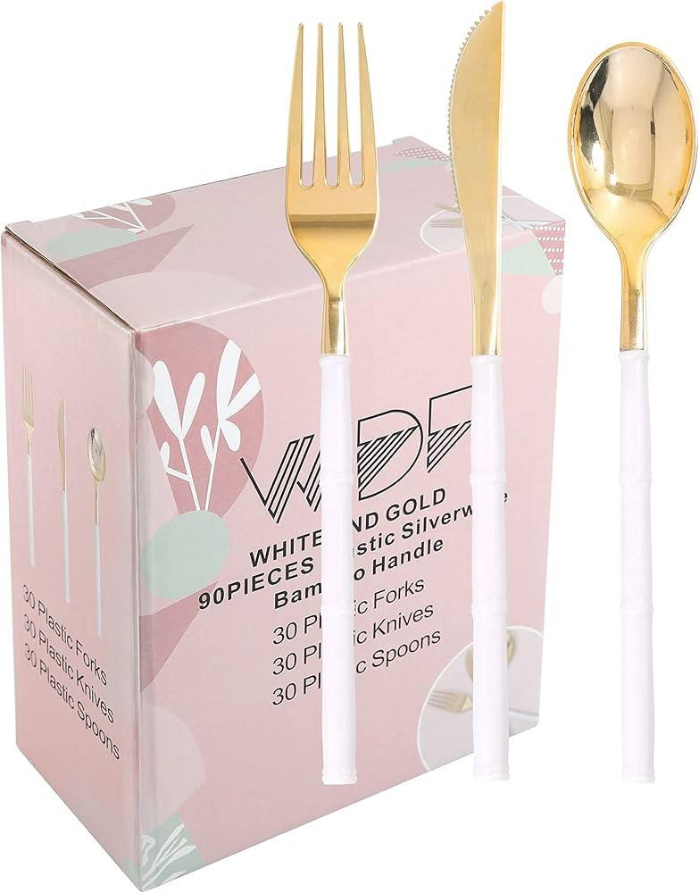 WDF 90Pieces Gold Plastic Silverware-Gold Plastic Cutlery with White Handle- Heavy Duty Plastic C... | Amazon (US)