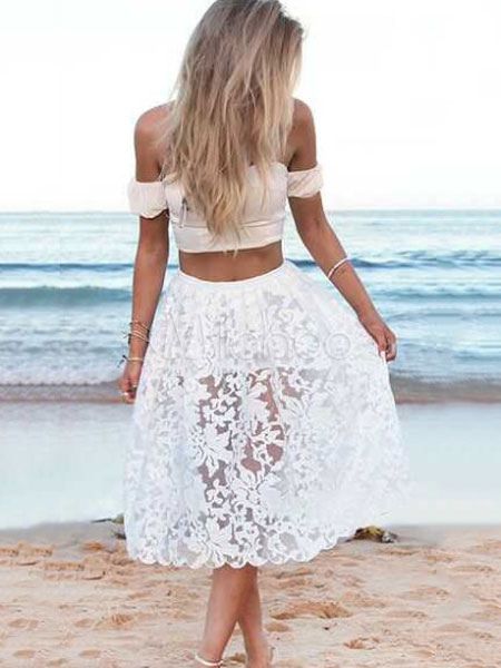 Women Two Piece Set White Lace Boho Off The Shoulder Summer Top With Long Skirt | Milanoo