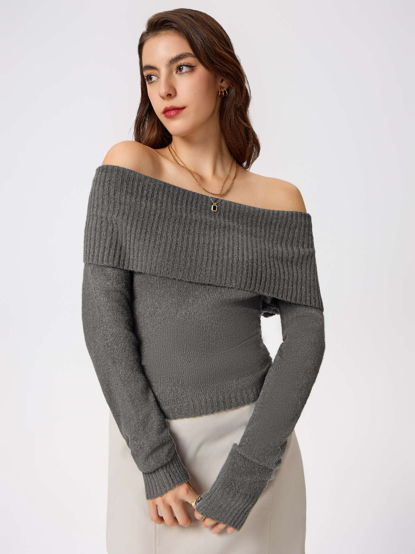 Christmas City Chic Christmas Knit Fabric Off-shoulder Knitted Long Sleeve Top For Daily Casual D... | Cider
