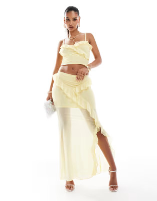 ASOS DESIGN co-ord mesh strappy ruffle cami top and skirt in pastel yellow | ASOS (Global)