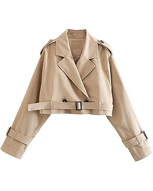 Faleave Womens Cropped Jacket Long Sleeve Belted Trench Coat Solid Color | Amazon (US)