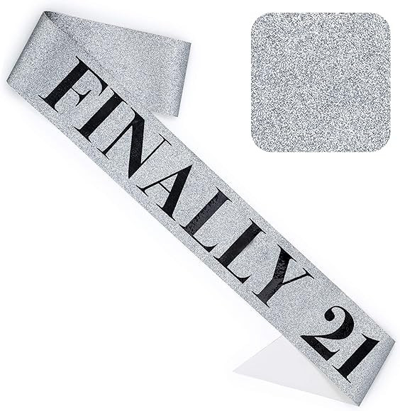 CORRURE 'Finally 21' Birthday Sash With Glitter - Silver Sash with Black Foil 21st Birthday Sash ... | Amazon (US)
