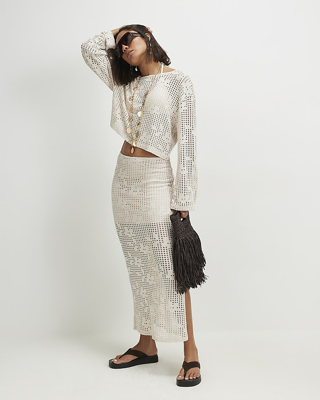 Beige Floral Crochet Maxi Skirt | River Island UK & IE