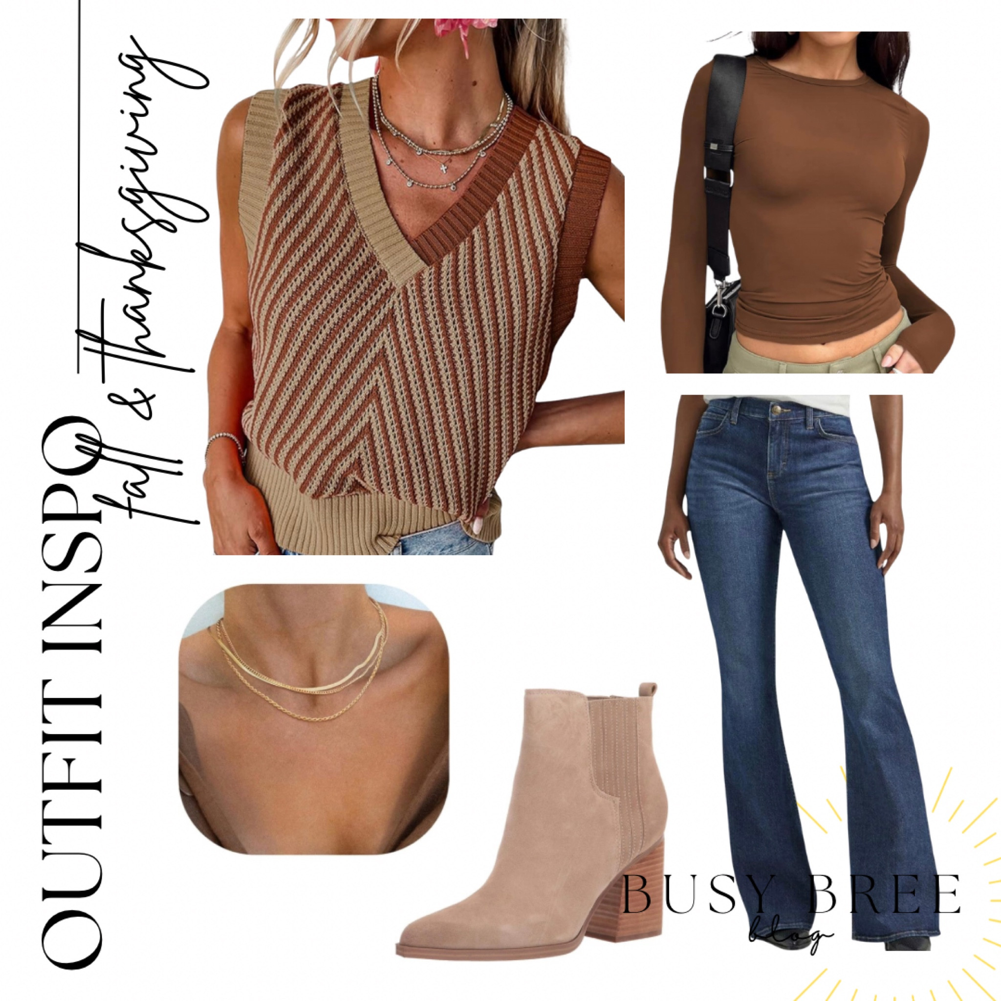 Sweater vest outfit from Amazon for fall and thanksgiving. Brown long sleeve shirt for under the vest for a summer to fall transition outfit! Brown booties, gold layered necklace, flare jeans, teacher outfit

#LTKFindsUnder50 #LTKOver40 #LTKxPrimeDay