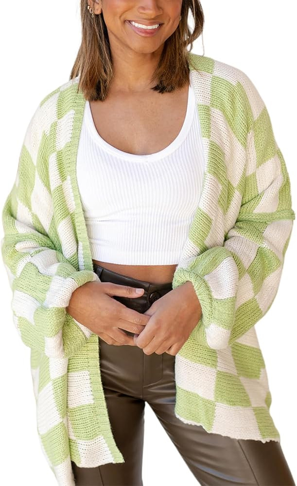 Giraropa Women Checkered Cardigan 2024 Long Sleeve Open Front Loose Knit Sweater Oversized Lightw... | Amazon (US)