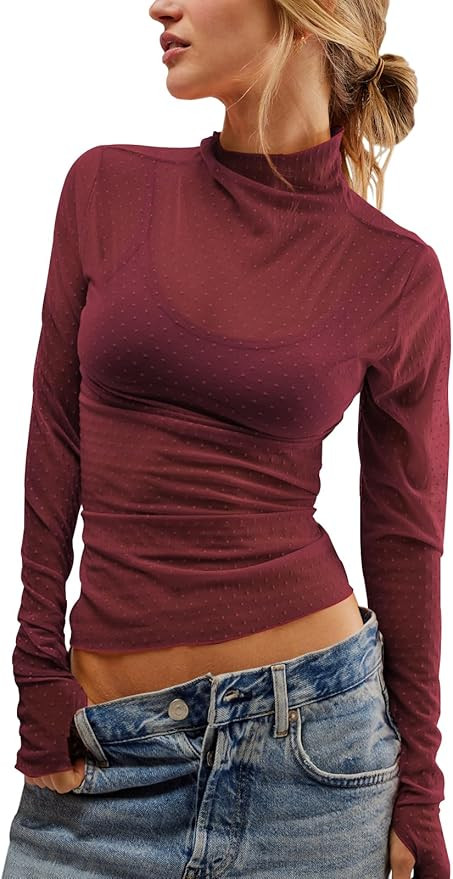 Womens Mesh Sheer Lace Laying Top Mock Neck Long Sleeve Polka Dot See Through Shirt Blouses Tops | Amazon (US)