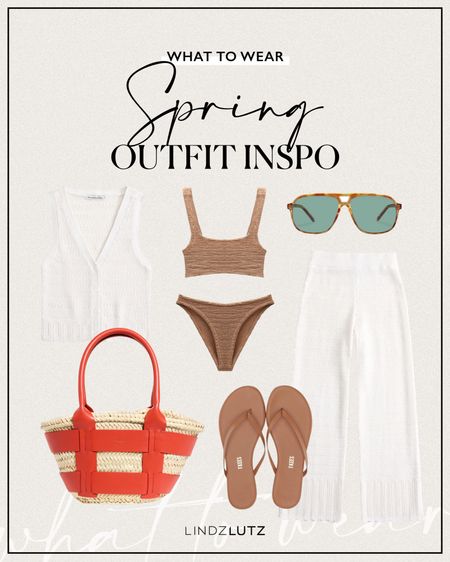 Spring Outfit Inspo 🤍 What I’m Wearing This Spring: white knit set, crinkle tan bikini, tortoise aviator sunglasses, raffia tote bag with scarlet leather details, and tan leather flip flops 

#LTKstyletip #LTKSeasonal