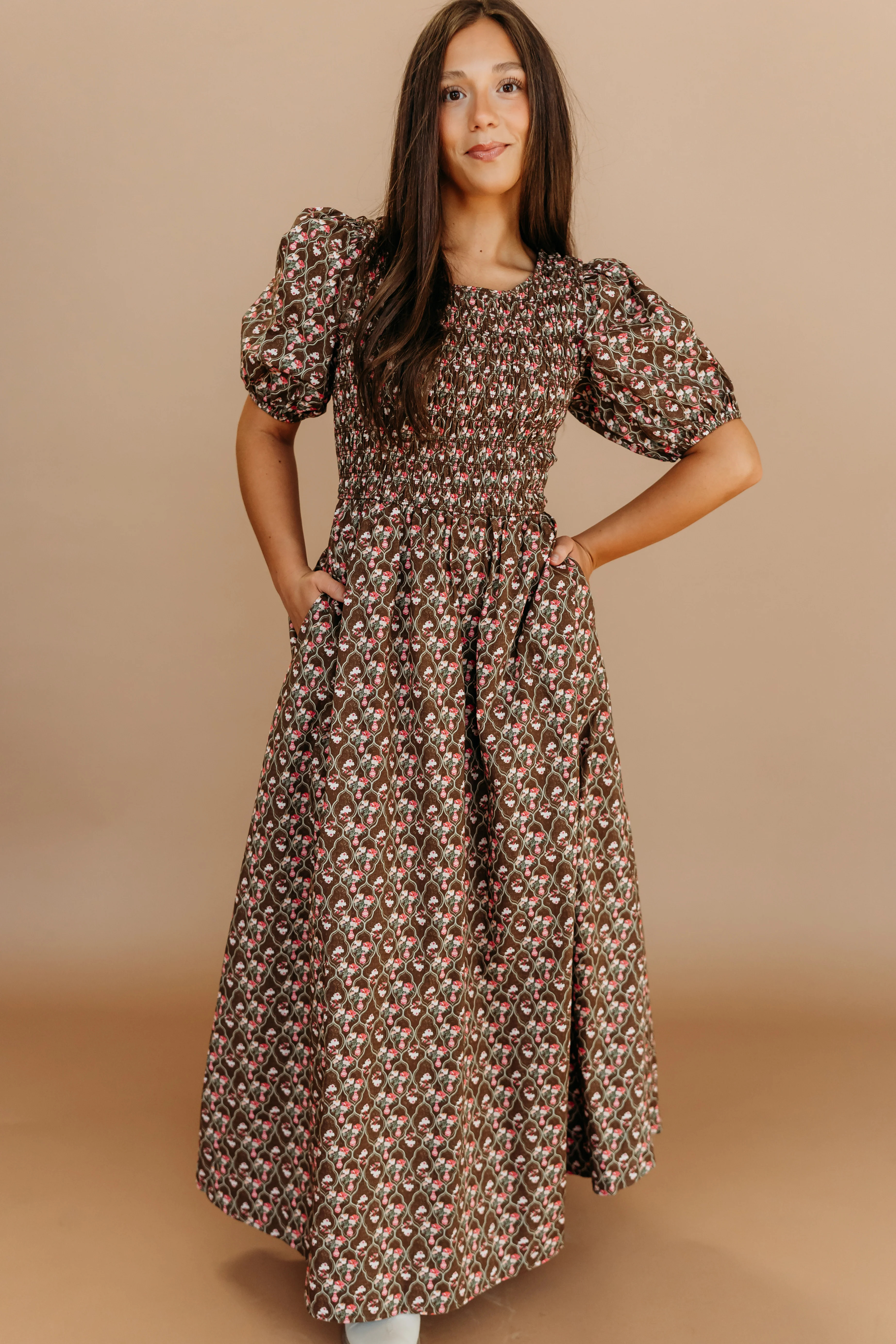 THE MAXINE SMOCKED FLORAL MAXI IN MOCHA | Pink Desert
