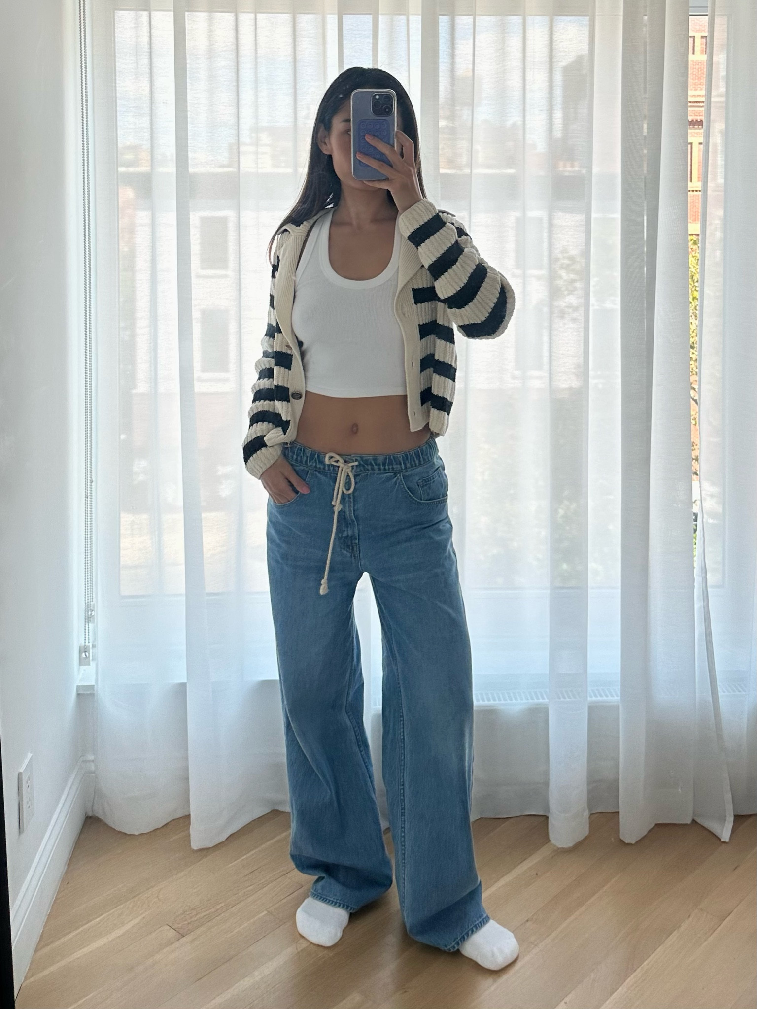 Fall fit, stripe knit cardigan + draw string jeans