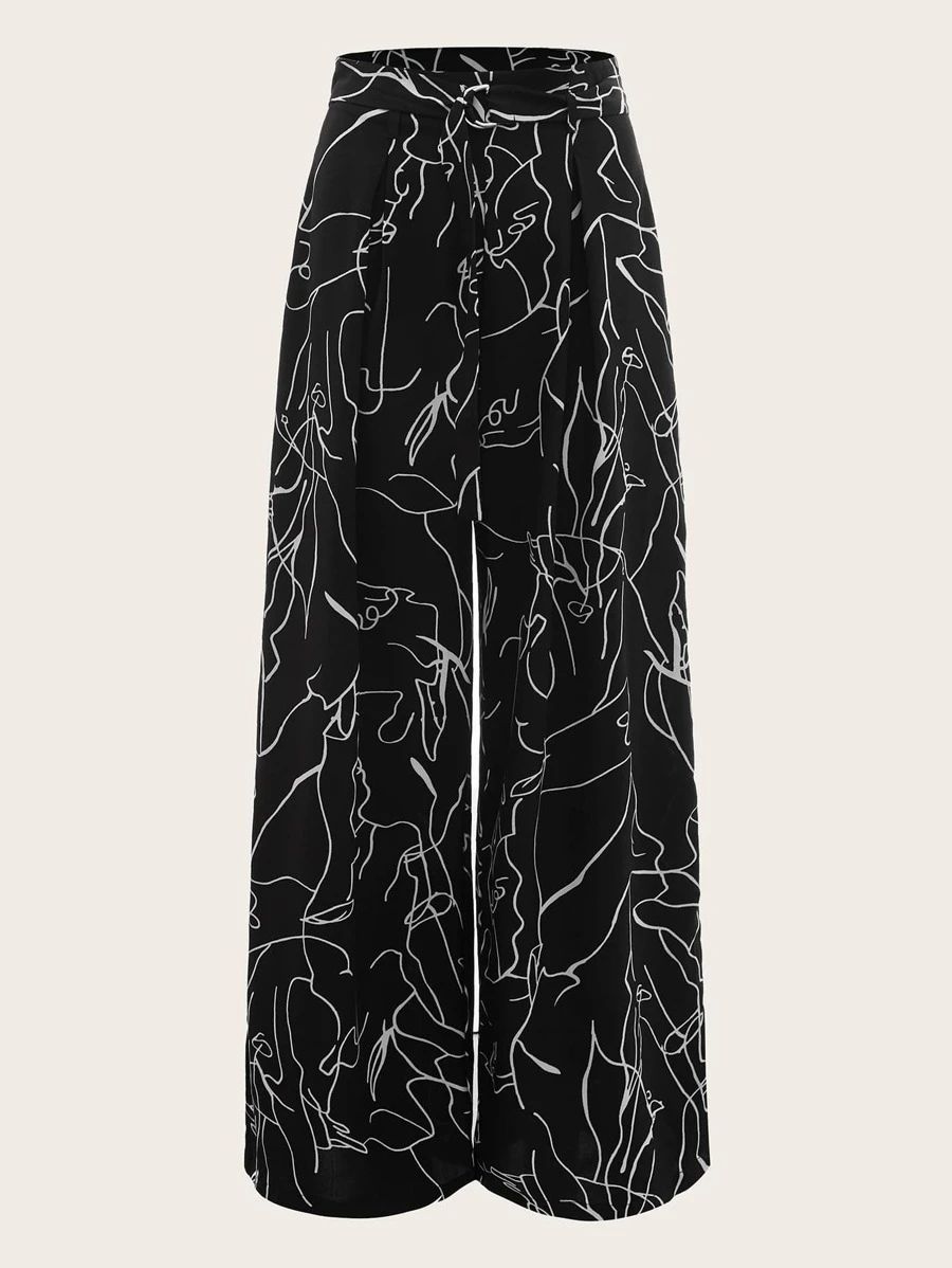 SHEIN EZwear Plus Graphic Print Belted Wide Leg Pants | SHEIN