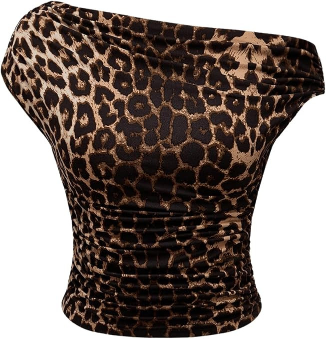 Floerns Women's Y2K Leopard Asymmetrical Neck T Shirt Sleeveless Cheetah Ruched Tee Shirts | Amazon (US)