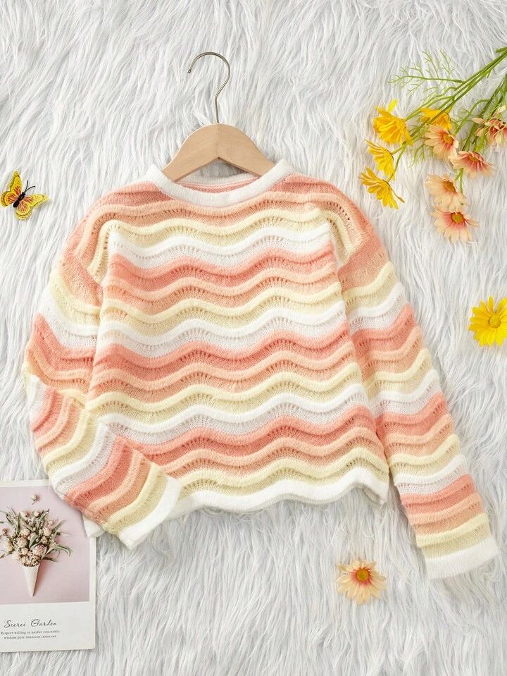 Tween Girl Block Striped Pattern Scallop Trim Drop Shoulder Sweater | SHEIN