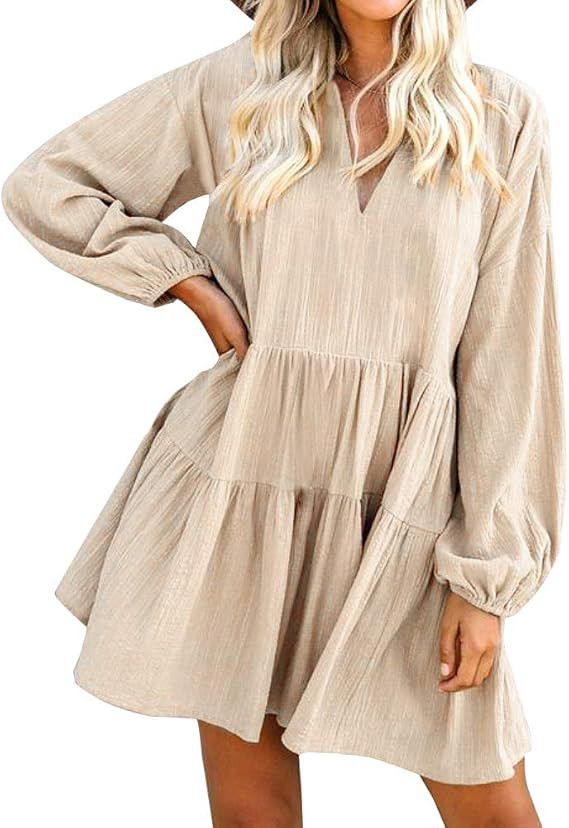 FANCYINN Women’s Cute Shift Dress with Pockets Bell Sleeve Ruffle Hem V Neck Loose Swing Tunic ... | Amazon (US)