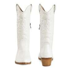 A Pair Embroidered Cowboy Cowgirl Boots For Women Round Toe Mid Calf Chunky Stacked Heel Western Boots Wedding Riding Party | SHEIN