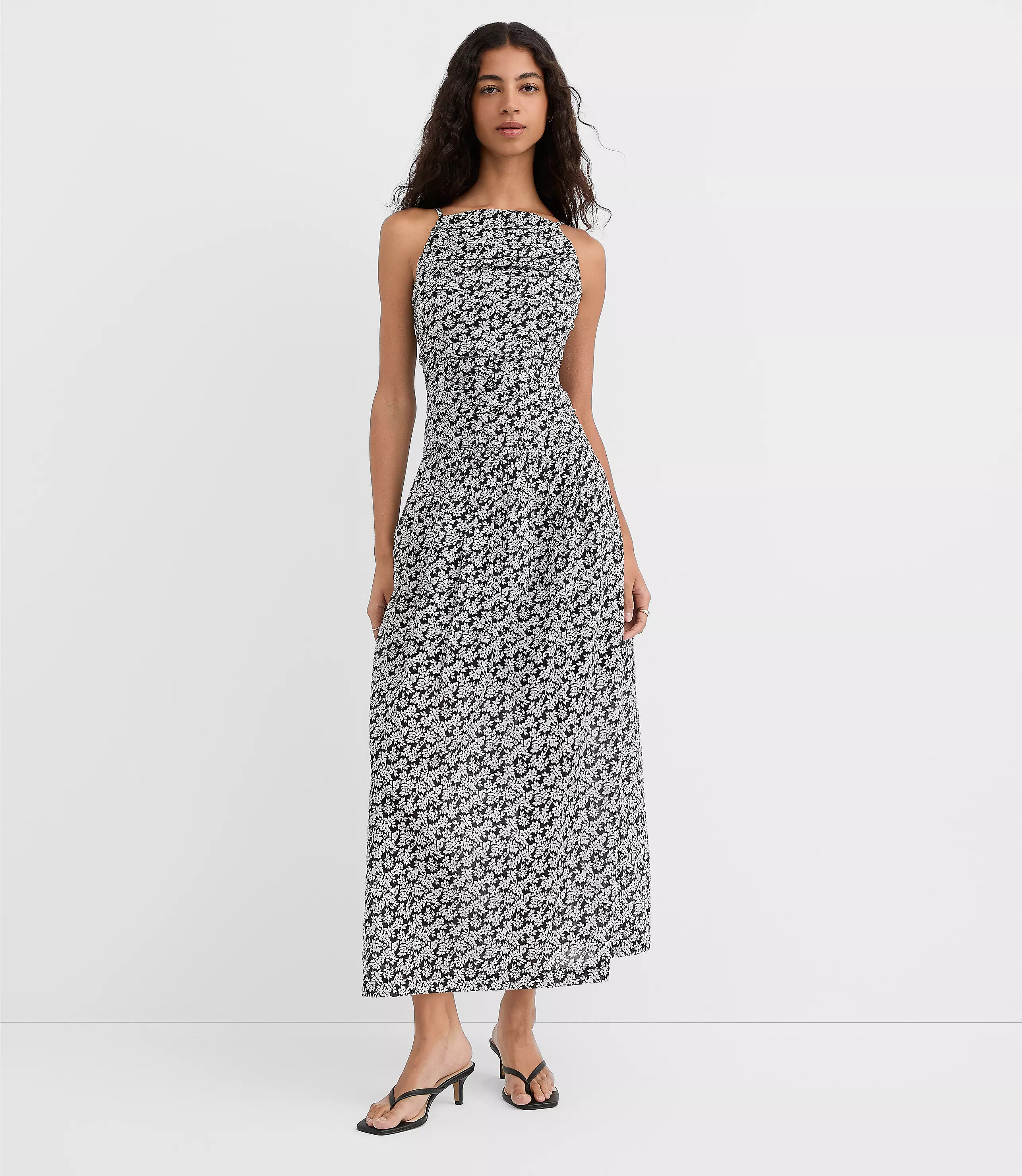 Floral Ruched Apron Neck Midi Dress | LOFT