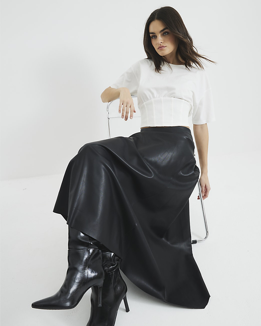 Black Faux Leather Asymmetric Hem Midi Skirt | River Island UK & IE